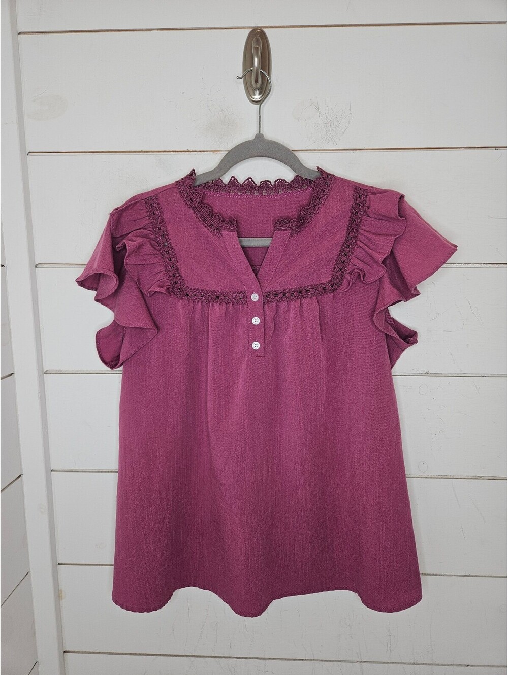 Boutique XL purple short ruffle sleeve blouse with crochet details